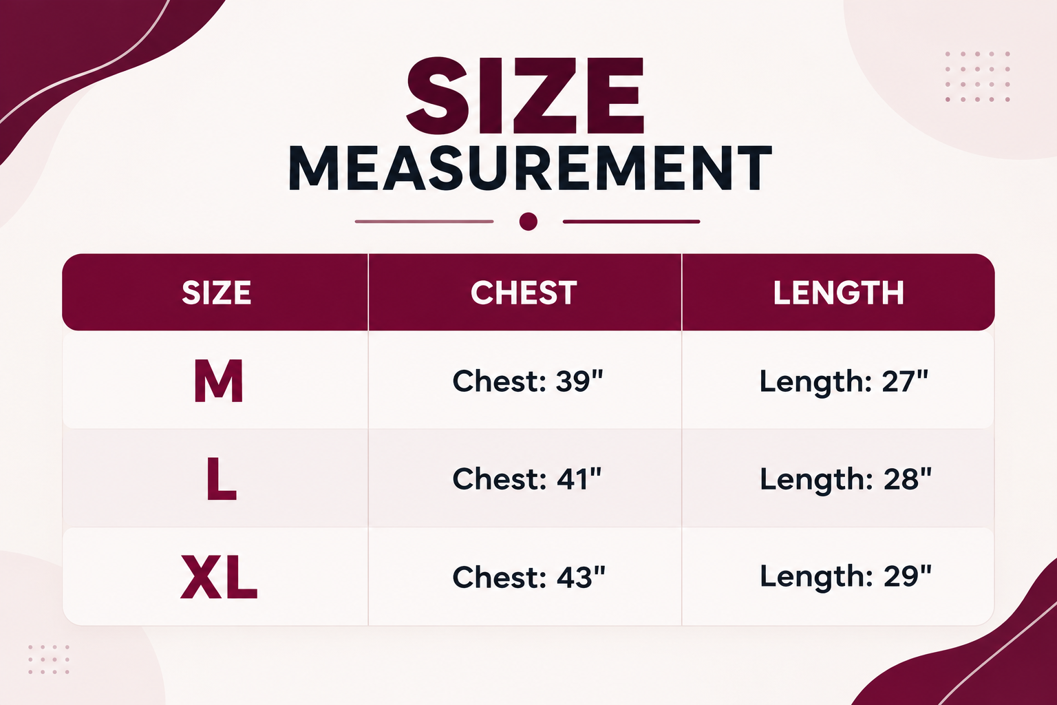Stylish Design Winter Hoodie size chart