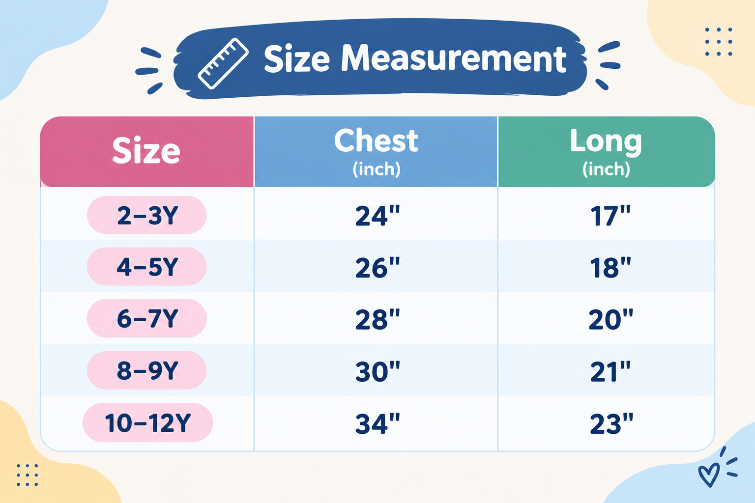 Premium Kids Sherpa Padding Jacket size chart